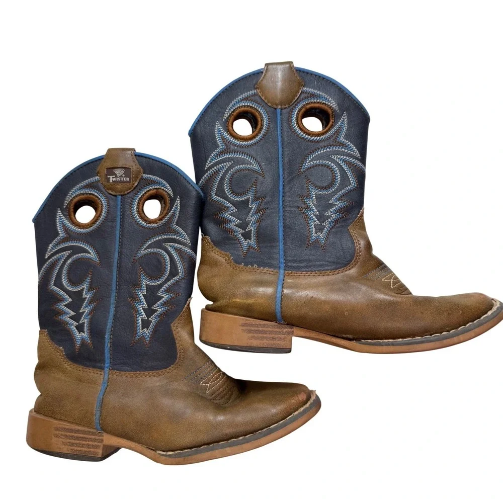 Twister Kids‎ Brown Navy Blue Western Cowboy Boots Size 12 Pull Holes Stitching